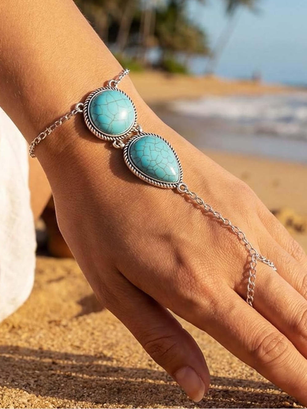 Anthropologie Silver color  Hand Chain Bracelet with Turquoise Stones